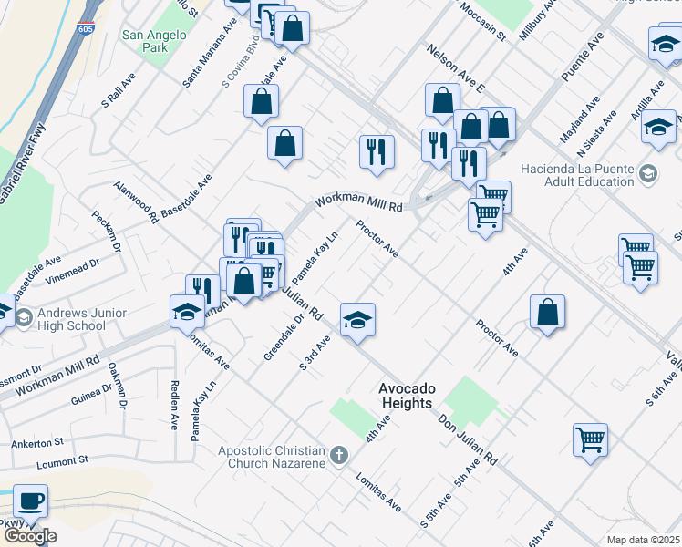 map of restaurants, bars, coffee shops, grocery stores, and more near 402 Greendale Drive in La Puente