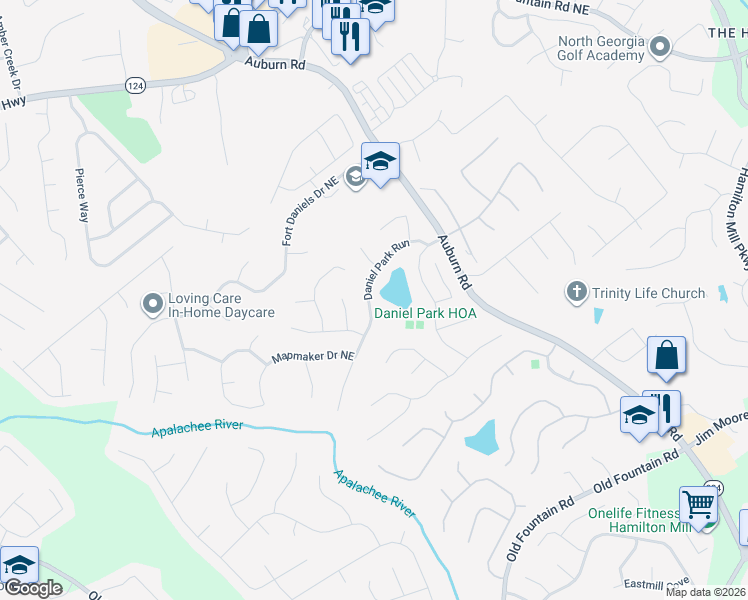 map of restaurants, bars, coffee shops, grocery stores, and more near 2815 Daniel Park Run in Dacula