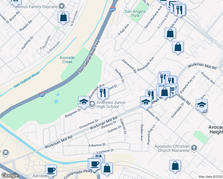 map of restaurants, bars, coffee shops, grocery stores, and more near 756 Vinemead Drive in Whittier