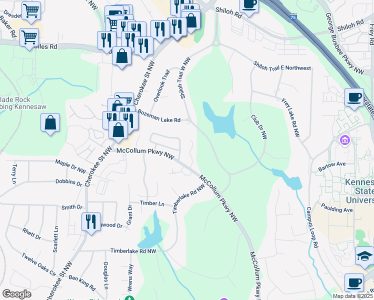 map of restaurants, bars, coffee shops, grocery stores, and more near 2170 Fairways Court in Kennesaw