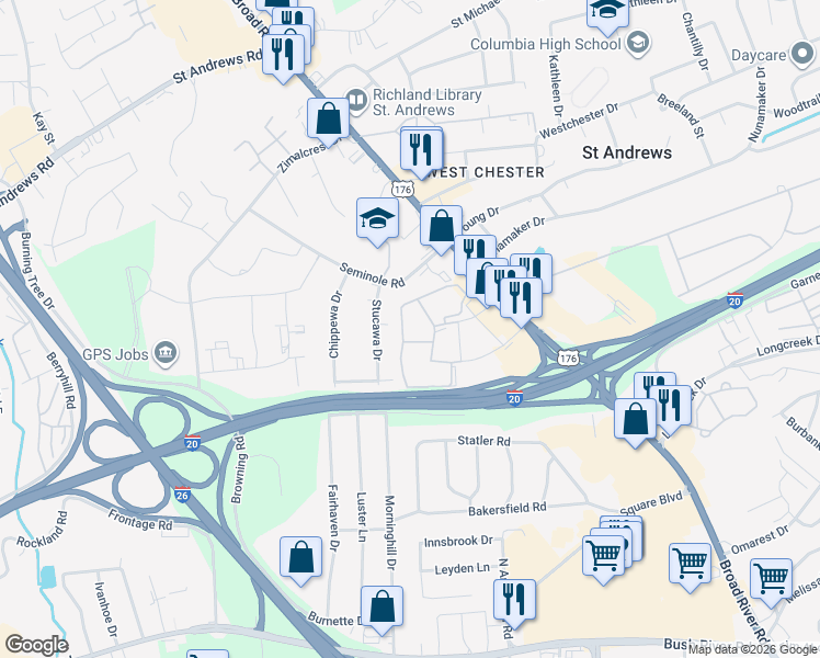 map of restaurants, bars, coffee shops, grocery stores, and more near 916 Old Manor Road in Columbia