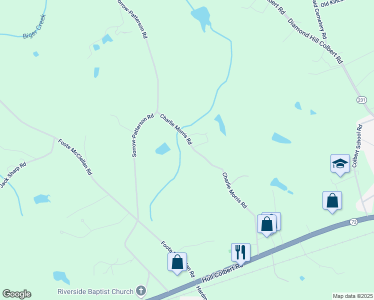 map of restaurants, bars, coffee shops, grocery stores, and more near 677 Charlie Morris Road in Colbert
