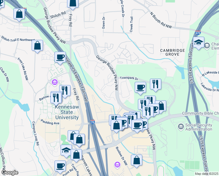 map of restaurants, bars, coffee shops, grocery stores, and more near 500 Townpark Crossing in Kennesaw