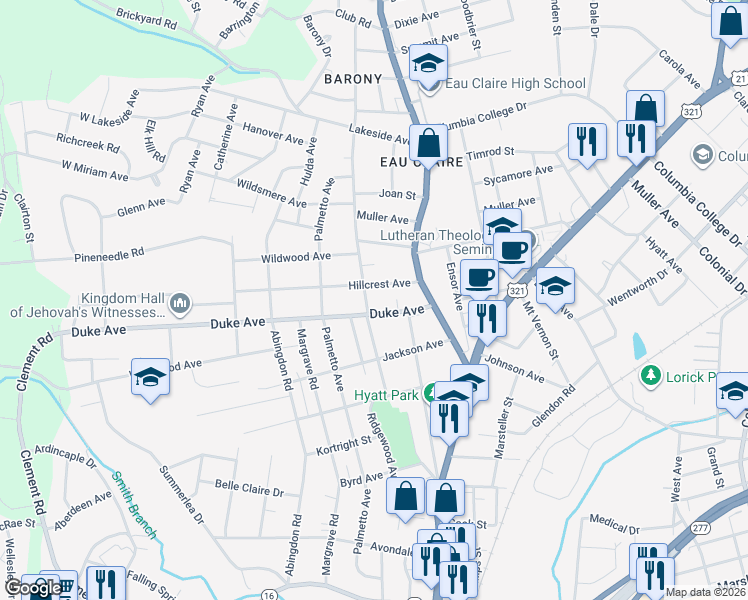 map of restaurants, bars, coffee shops, grocery stores, and more near 4104 Ridgewood Avenue in Columbia