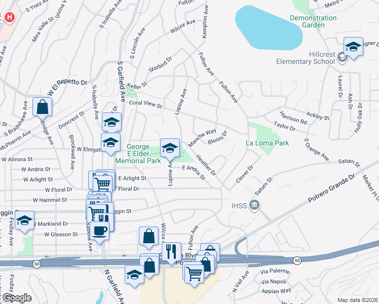 map of restaurants, bars, coffee shops, grocery stores, and more near 2005 Heather Drive in Monterey Park