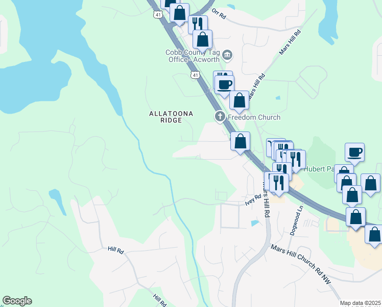 map of restaurants, bars, coffee shops, grocery stores, and more near 5082 Womack Avenue in Acworth