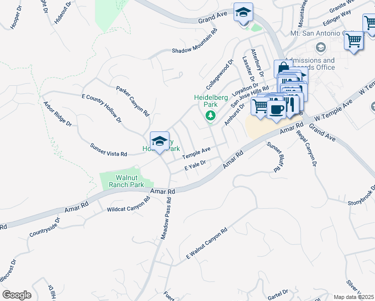 map of restaurants, bars, coffee shops, grocery stores, and more near 1310 Wesleyan Avenue in Walnut
