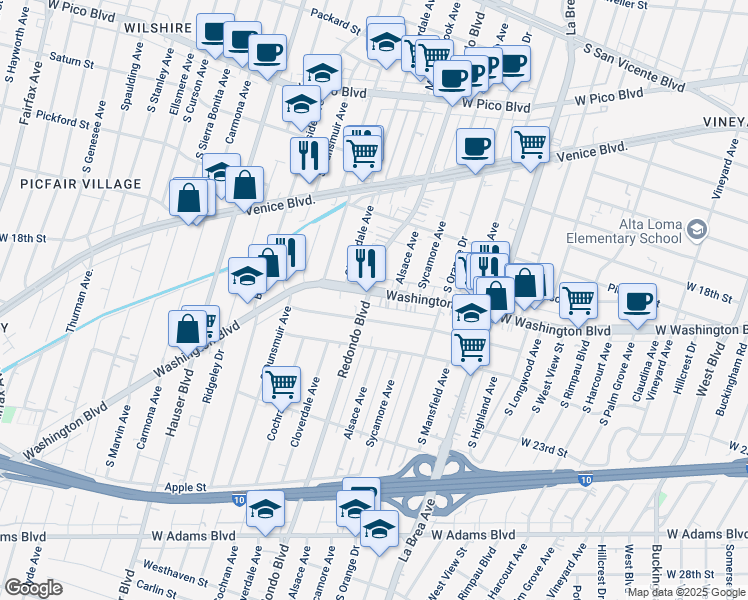 map of restaurants, bars, coffee shops, grocery stores, and more near in Los Angeles