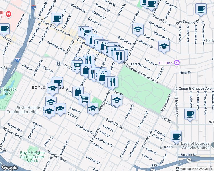 map of restaurants, bars, coffee shops, grocery stores, and more near 2917 East 1st Street in Los Angeles