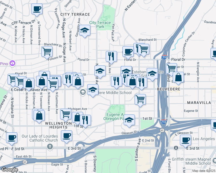 map of restaurants, bars, coffee shops, grocery stores, and more near 411 North Brannick Avenue in Los Angeles