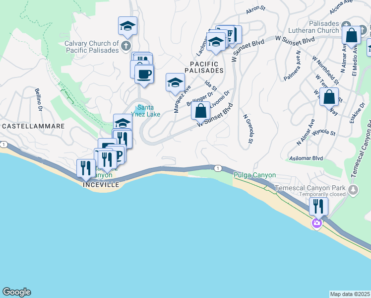 map of restaurants, bars, coffee shops, grocery stores, and more near 125 Marquez Place in Los Angeles