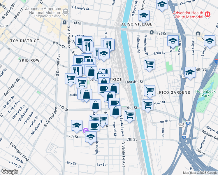 map of restaurants, bars, coffee shops, grocery stores, and more near 525 South Santa Fe Avenue in Los Angeles
