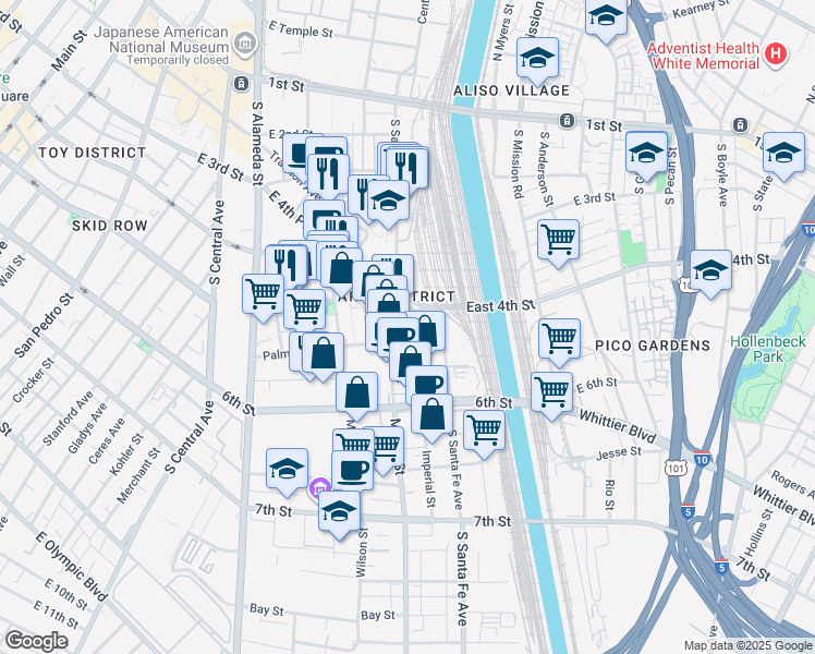 map of restaurants, bars, coffee shops, grocery stores, and more near South Santa Fe Avenue in Los Angeles