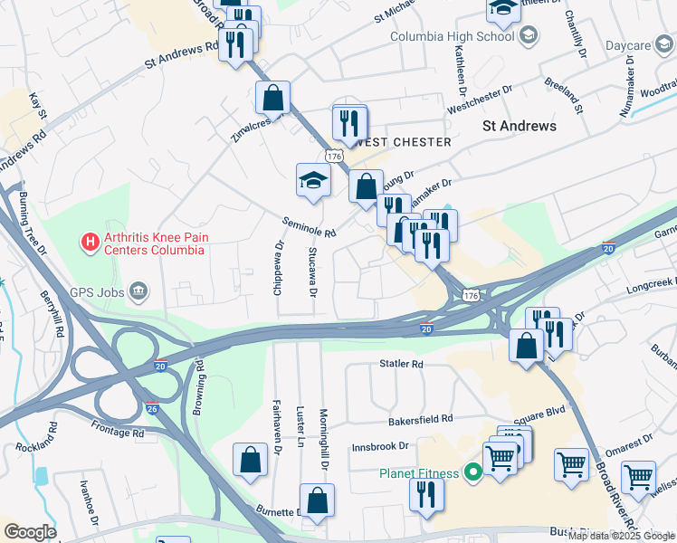 map of restaurants, bars, coffee shops, grocery stores, and more near 914 Old Manor Road in Columbia
