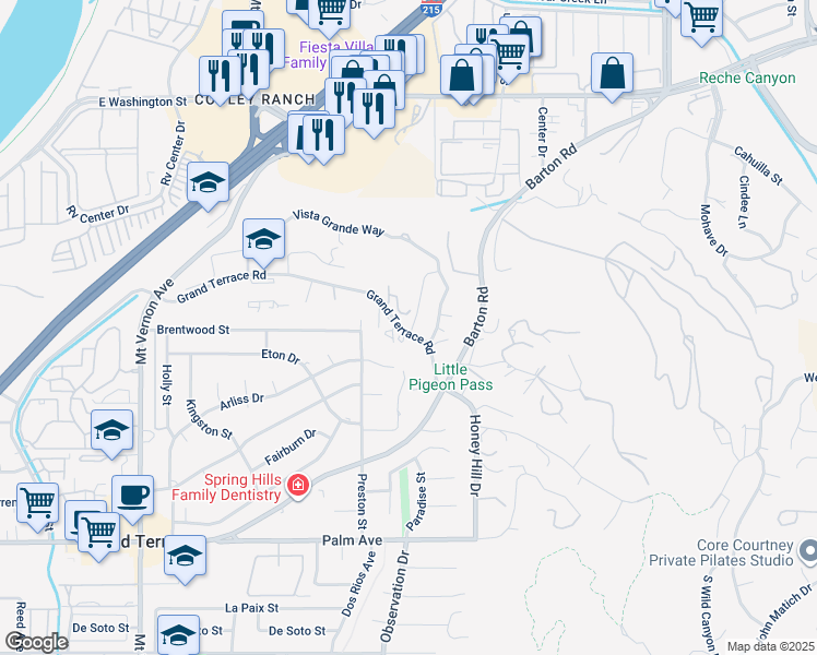 map of restaurants, bars, coffee shops, grocery stores, and more near Vista Grande Way in Grand Terrace