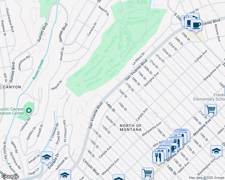 map of restaurants, bars, coffee shops, grocery stores, and more near San Vicente Boulevard in Santa Monica