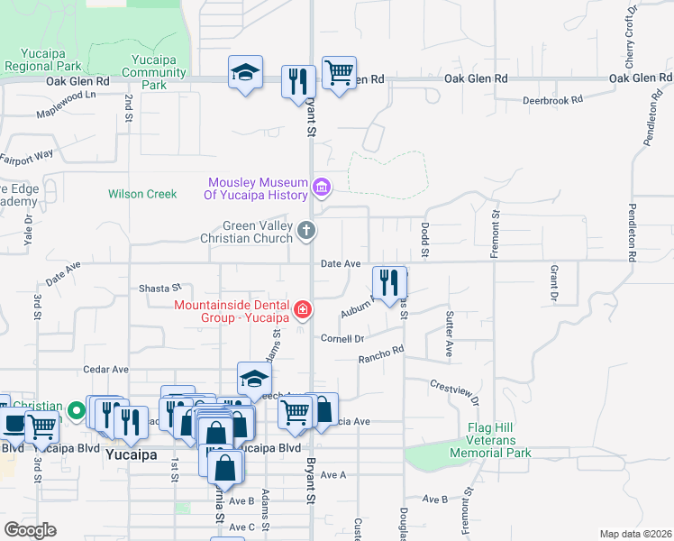 map of restaurants, bars, coffee shops, grocery stores, and more near 35353 Date Avenue in Yucaipa