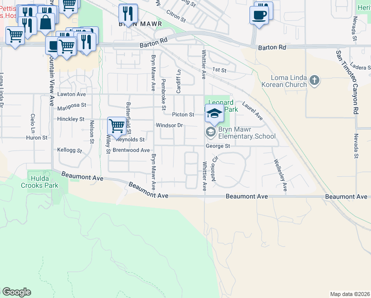 map of restaurants, bars, coffee shops, grocery stores, and more near 26216 King Edwards Drive in Loma Linda