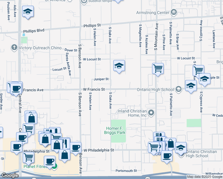 map of restaurants, bars, coffee shops, grocery stores, and more near 1400 West Francis Street in Ontario