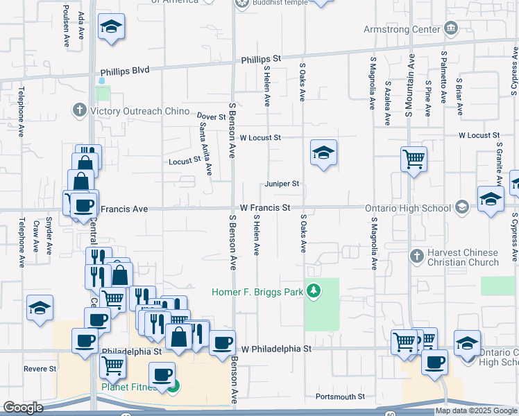 map of restaurants, bars, coffee shops, grocery stores, and more near 1750 South Helen Avenue in Ontario
