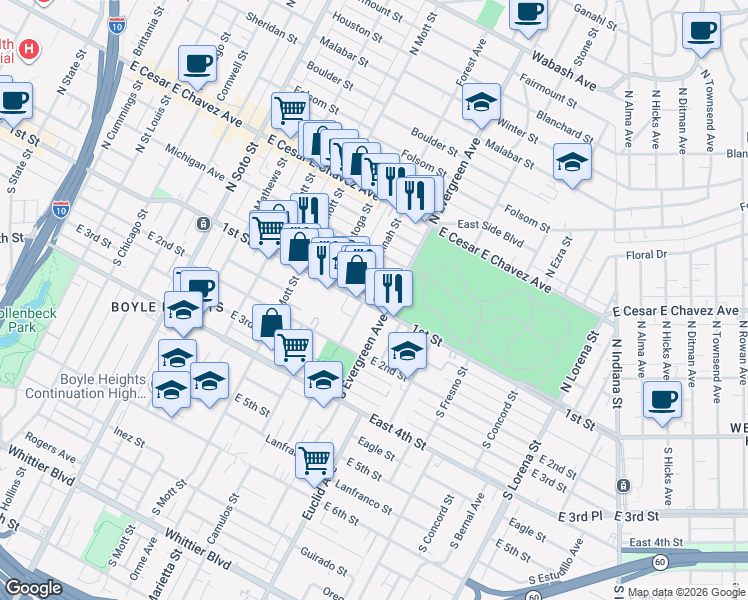map of restaurants, bars, coffee shops, grocery stores, and more near 2909 East 1st Street in Los Angeles
