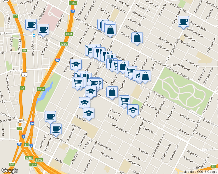 map of restaurants, bars, coffee shops, grocery stores, and more near 2526 East 2nd Street in Los Angeles