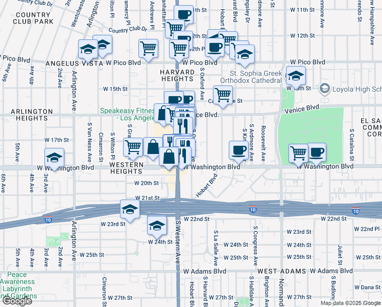 map of restaurants, bars, coffee shops, grocery stores, and more near 1819 South Oxford Avenue in Los Angeles