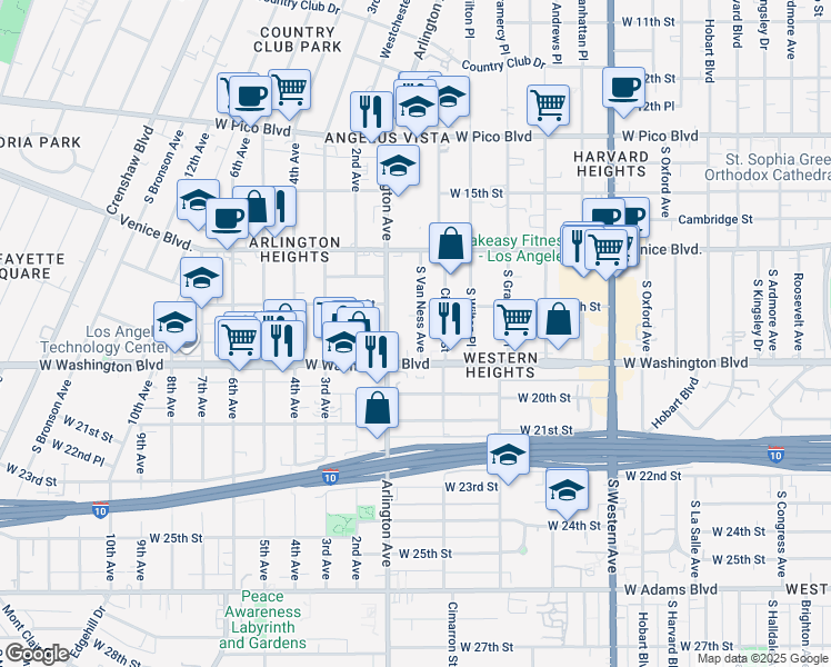 map of restaurants, bars, coffee shops, grocery stores, and more near 1819 South Van Ness Avenue in Los Angeles