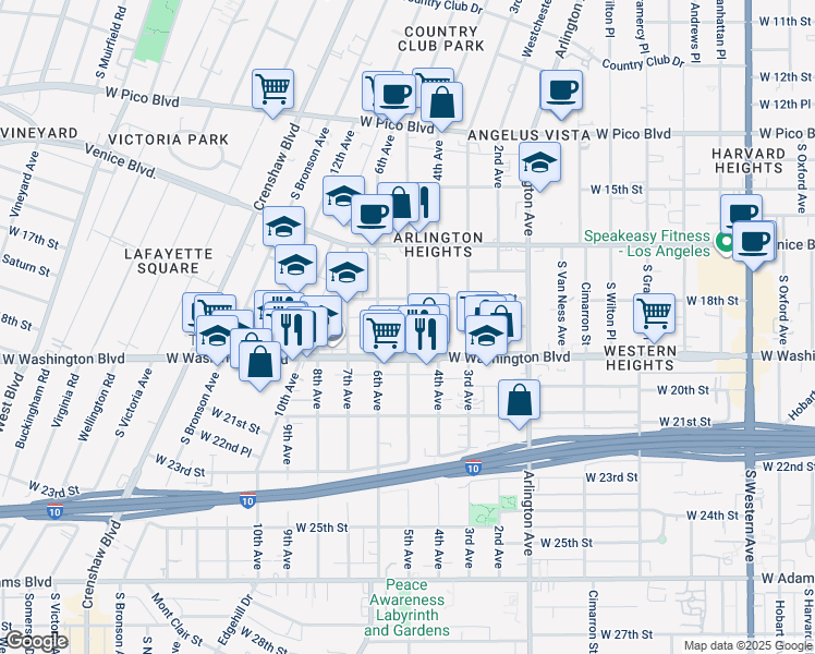 map of restaurants, bars, coffee shops, grocery stores, and more near 1727 5th Avenue in Los Angeles