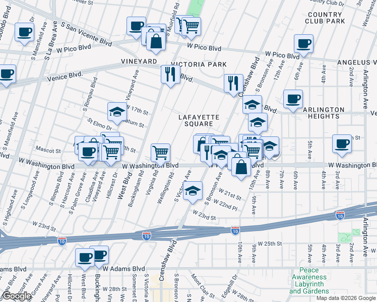 map of restaurants, bars, coffee shops, grocery stores, and more near 1831 Wellington Road in Los Angeles