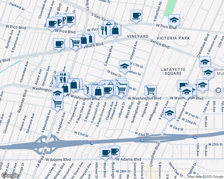 map of restaurants, bars, coffee shops, grocery stores, and more near 4643 Pickford Street in Los Angeles