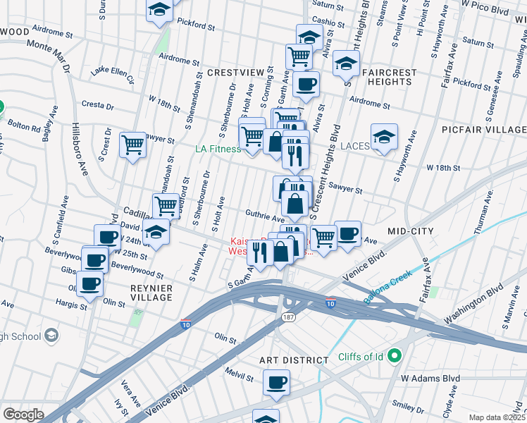 map of restaurants, bars, coffee shops, grocery stores, and more near 1974 South Garth Avenue in Los Angeles