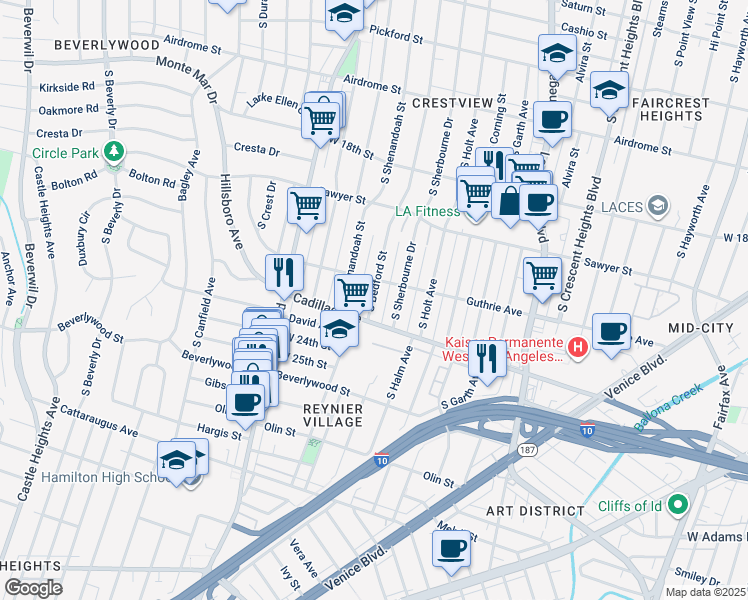 map of restaurants, bars, coffee shops, grocery stores, and more near 2021 South Bedford Street in Los Angeles