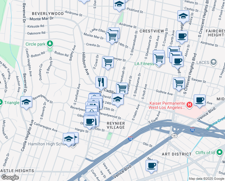 map of restaurants, bars, coffee shops, grocery stores, and more near 8939 Cadillac Avenue in Los Angeles