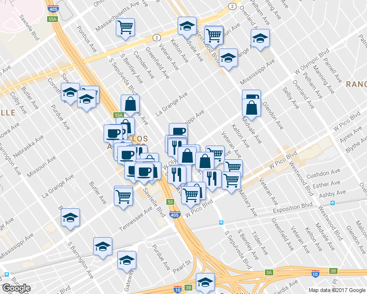 map of restaurants, bars, coffee shops, grocery stores, and more near 2141 South Bentley Avenue in Los Angeles