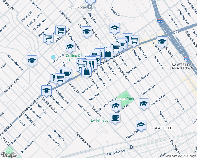 map of restaurants, bars, coffee shops, grocery stores, and more near 11861 Idaho Avenue in Los Angeles