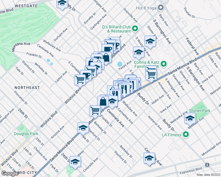 map of restaurants, bars, coffee shops, grocery stores, and more near 1322 Wellesley Avenue in Los Angeles