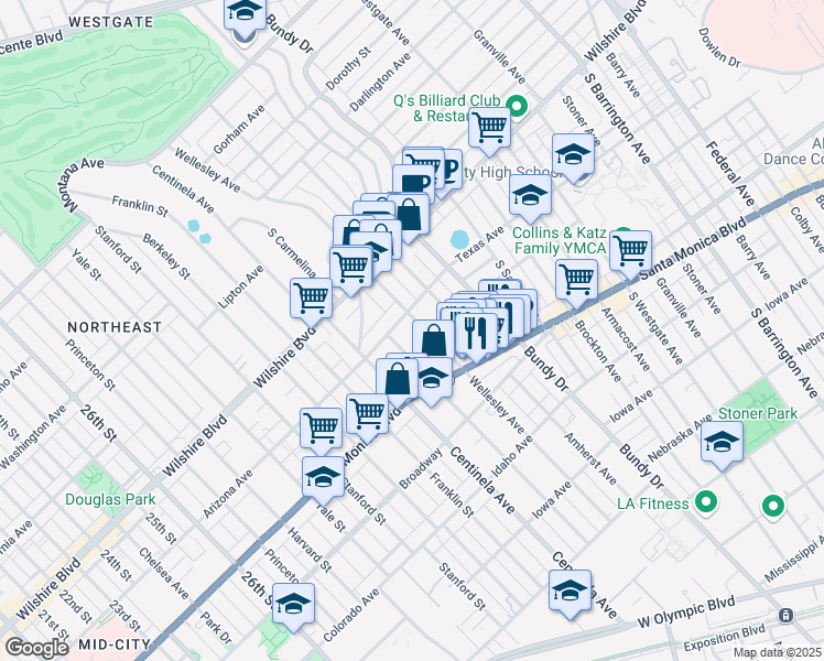 map of restaurants, bars, coffee shops, grocery stores, and more near 1322 Wellesley Avenue in Los Angeles