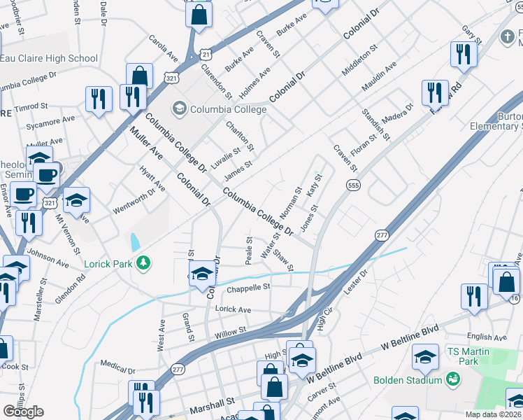 map of restaurants, bars, coffee shops, grocery stores, and more near 4727 Roberts Street in Columbia