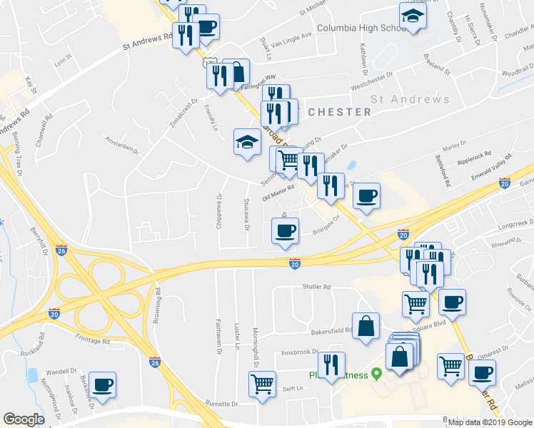 map of restaurants, bars, coffee shops, grocery stores, and more near 923 Old Manor Road in Columbia