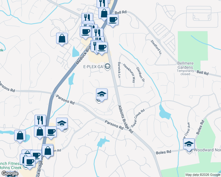 map of restaurants, bars, coffee shops, grocery stores, and more near 155 Abbotts Mill Drive in Johns Creek