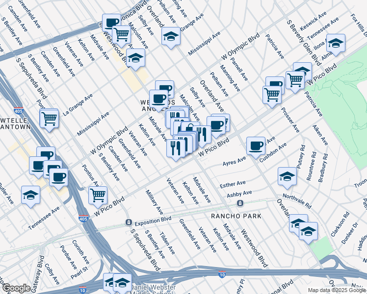 map of restaurants, bars, coffee shops, grocery stores, and more near 2367 Westwood Boulevard in Los Angeles