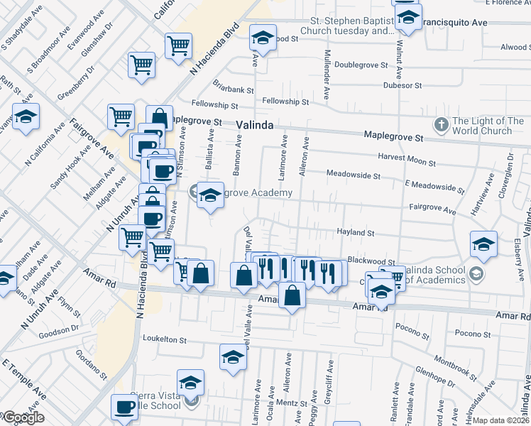 map of restaurants, bars, coffee shops, grocery stores, and more near 15713 Hayland Street in La Puente