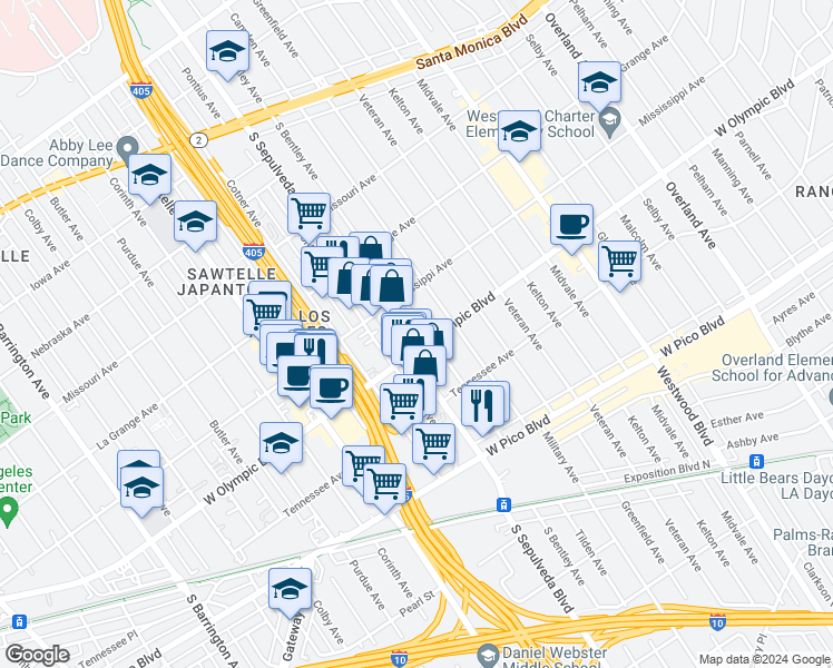map of restaurants, bars, coffee shops, grocery stores, and more near 2141 South Bentley Avenue in Los Angeles