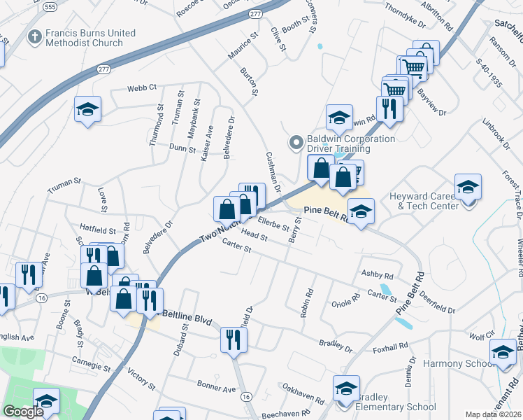 map of restaurants, bars, coffee shops, grocery stores, and more near 3912 Two Notch Road in Columbia