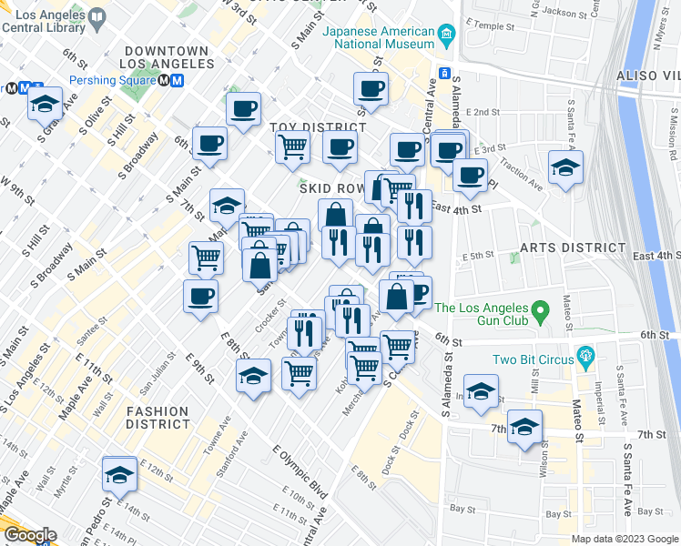 map of restaurants, bars, coffee shops, grocery stores, and more near 700 East 6th Street in Los Angeles