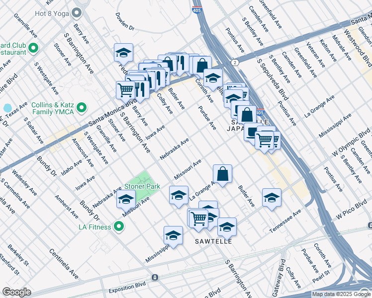 map of restaurants, bars, coffee shops, grocery stores, and more near 1810 Federal Avenue in Los Angeles