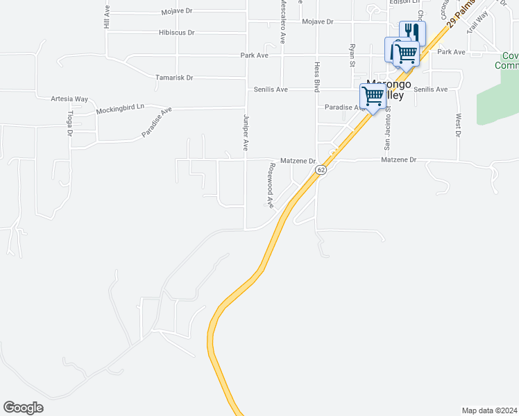map of restaurants, bars, coffee shops, grocery stores, and more near 11646 Rosewood Avenue in Morongo Valley