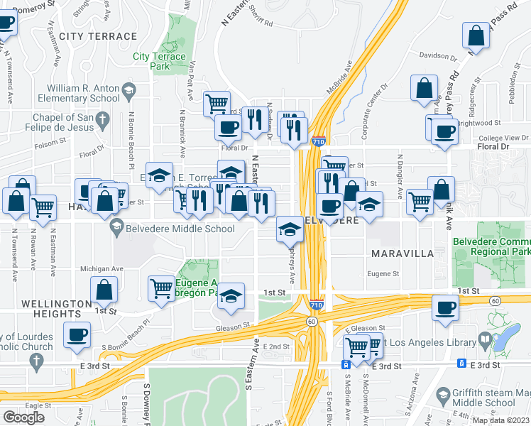map of restaurants, bars, coffee shops, grocery stores, and more near 4315 East Cesar E Chavez Avenue in East Los Angeles
