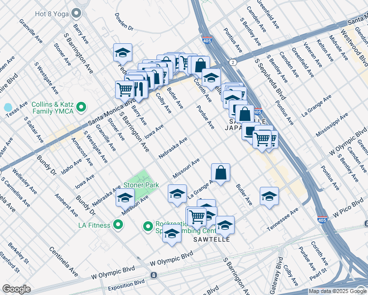 map of restaurants, bars, coffee shops, grocery stores, and more near 1814 Federal Avenue in Los Angeles